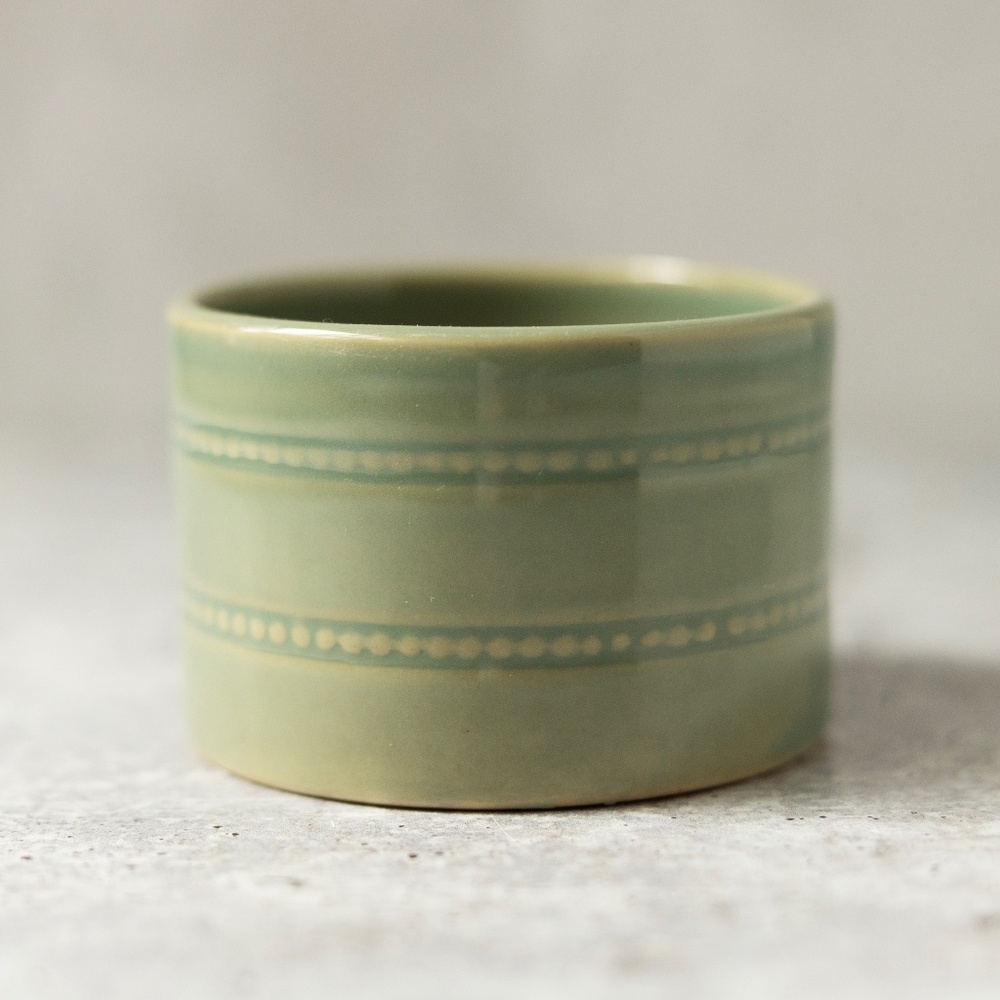 Yellow Ware Over and Back Ramekin Green 3.5" x 2.25" Crock Custard Bowl Pottery